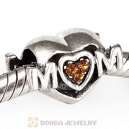 Sterling Silver European MOM Heart Bead with Smoked Topaz Austrian Crystal