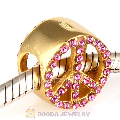 Gold Plated Sterling Silver Peace Button Beads with Rose Austrian Crystal