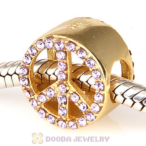 Gold Plated Sterling Silver Peace Button Beads with Violet Austrian Crystal