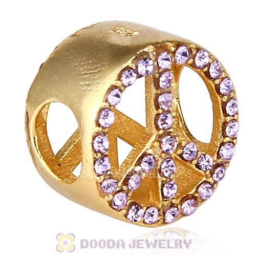 Gold Plated Sterling Silver Peace Button Beads with Violet Austrian Crystal
