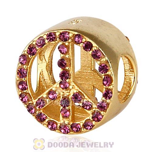 Gold Plated Sterling Silver Peace Button Beads with Amethyst Austrian Crystal