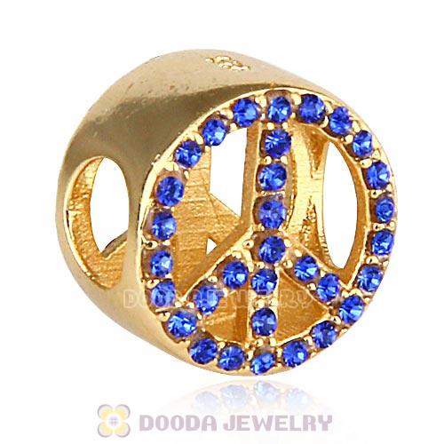 Gold Plated Sterling Silver Peace Button Beads with Sapphire Austrian Crystal