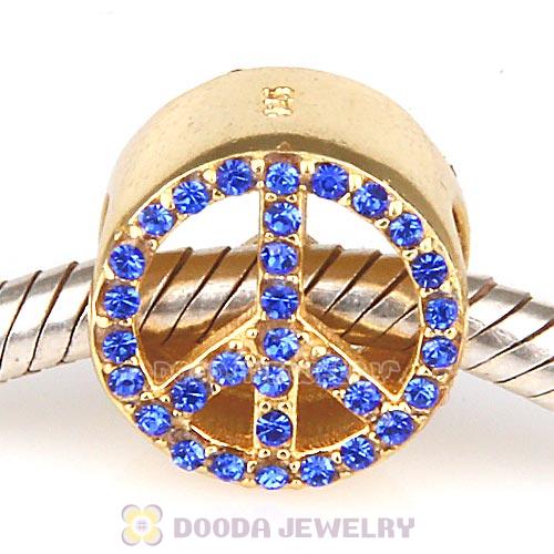 Gold Plated Sterling Silver Peace Button Beads with Sapphire Austrian Crystal