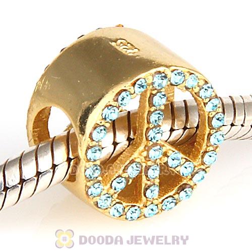 Gold Plated Sterling Silver Peace Button Beads with Aquamarine Austrian Crystal