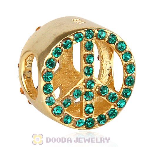 Gold Plated Sterling Silver Peace Button Beads with Emerald Austrian Crystal