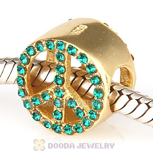 Gold Plated Sterling Silver Peace Button Beads with Emerald Austrian Crystal