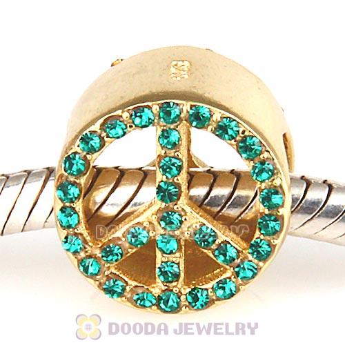 Gold Plated Sterling Silver Peace Button Beads with Emerald Austrian Crystal