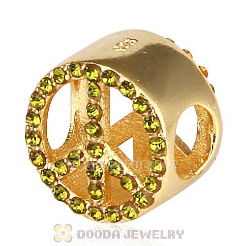 Gold Plated Sterling Silver Peace Button Beads with Olivine Austrian Crystal