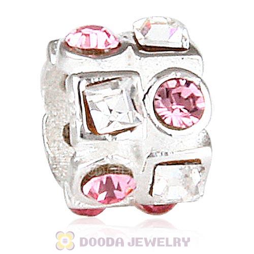 Sterling Silver Beads with Circle Light Rose Square Clear Austrian Crystal