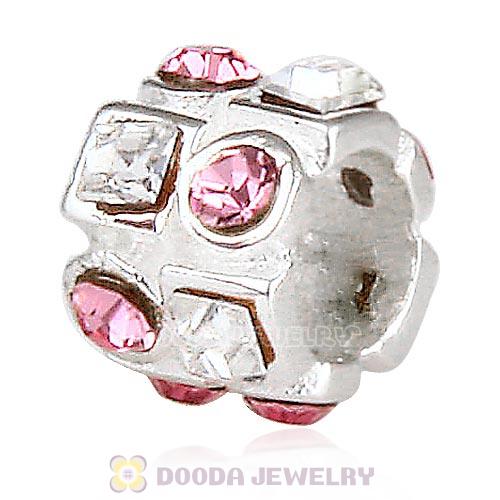 Sterling Silver Beads with Circle Light Rose Square Clear Austrian Crystal