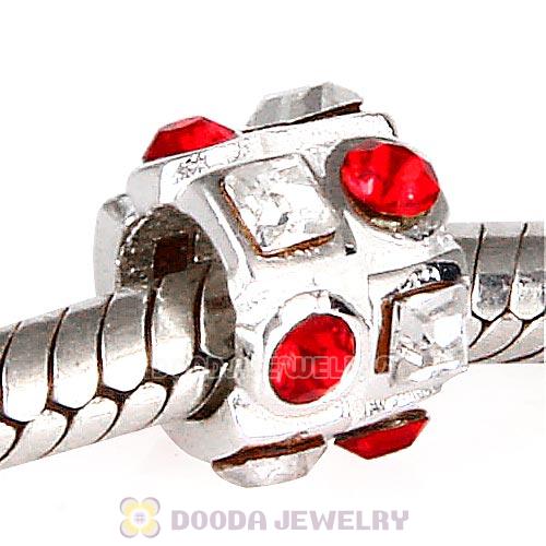 Sterling Silver Beads with Circle Light Siam Square Clear Austrian Crystal