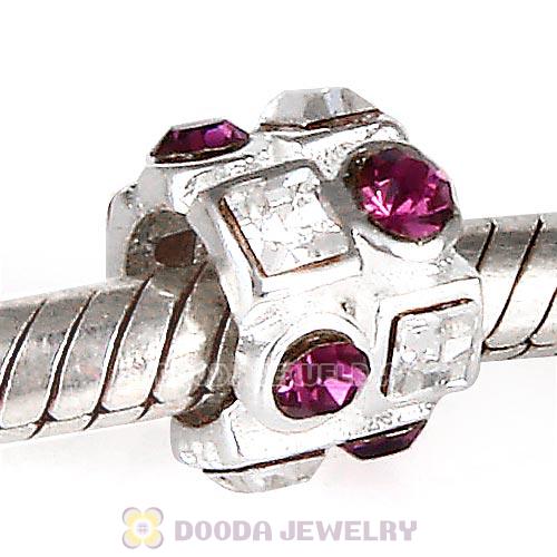 Sterling Silver Beads with Circle Amethyst Square Clear Austrian Crystal