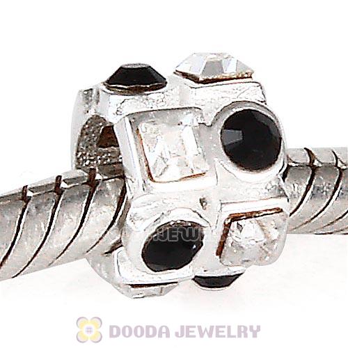 Sterling Silver Beads with Circle Jet Square Clear Austrian Crystal