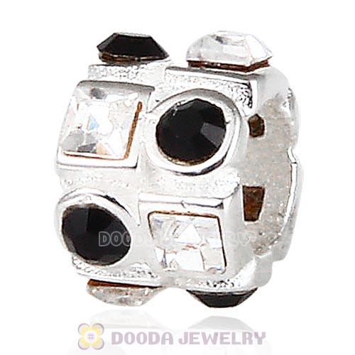 Sterling Silver Beads with Circle Jet Square Clear Austrian Crystal