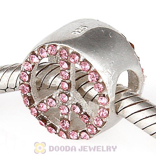 Sterling Silver Peace Button Beads with Light Rose Austrian Crystal