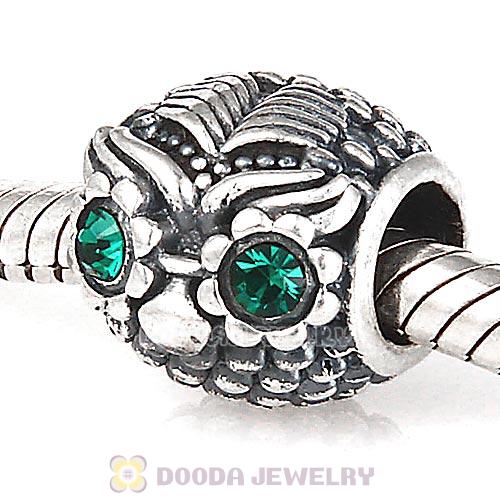 Sterling Silver Wise Owl Charm Beads with Emerald Austrian Crystal