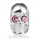 8×14mm Rhodium plated Sterling Silver Skull Head Bead with Light Rose Austrian Crystal