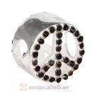 Sterling Silver Peace Button Beads with Jet Austrian Crystal