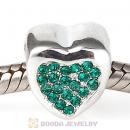 Sterling Silver Glitter Heart Beads with Emerald Austrian Crystal