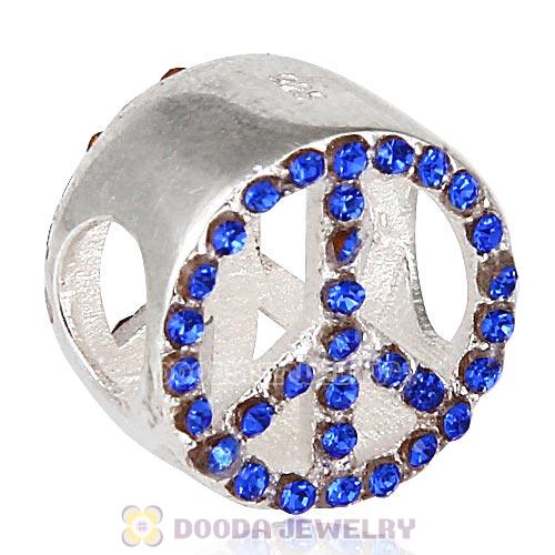 Sterling Silver Peace Button Beads with Sapphire Austrian Crystal
