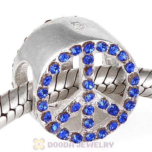 Sterling Silver Peace Button Beads with Sapphire Austrian Crystal