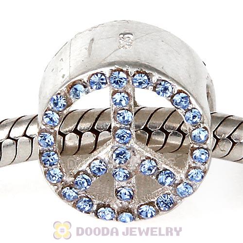 Sterling Silver Peace Button Beads with Light Sapphire Austrian Crystal