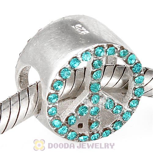 Sterling Silver Peace Button Beads with Blue Zircon Austrian Crystal