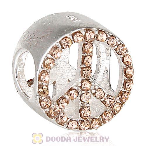 Sterling Silver Peace Button Beads with Light Peach Austrian Crystal