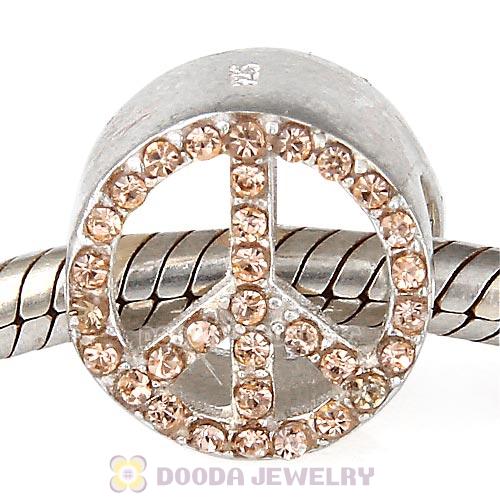 Sterling Silver Peace Button Beads with Light Peach Austrian Crystal