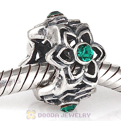 European Sterling Silver Dahlia Charm Beads with Emerald Austrian Crystal