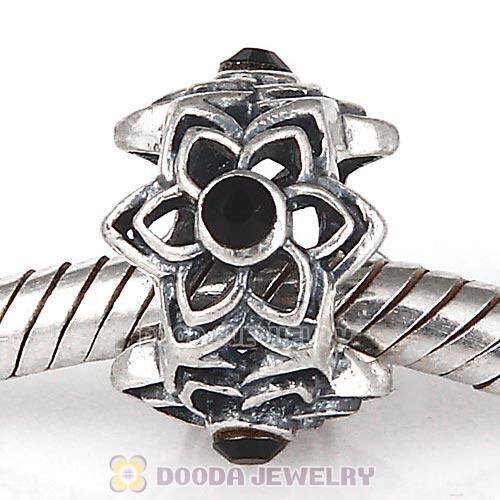 European Sterling Silver Dahlia Charm Beads with Jet Austrian Crystal