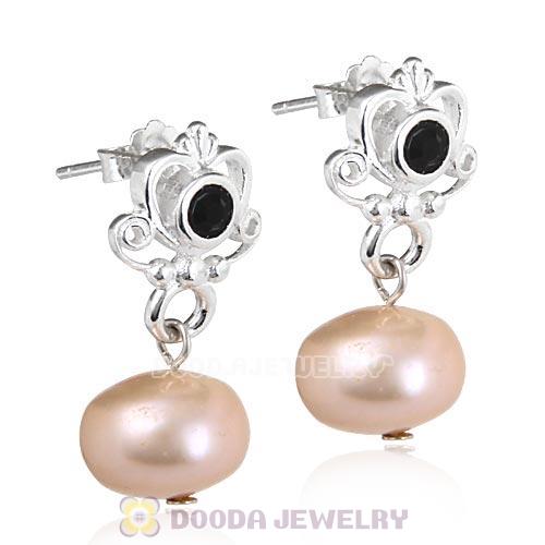 Sterling Silver My Sweet Princess with Jet Crystal Dangle Pearl Earrings