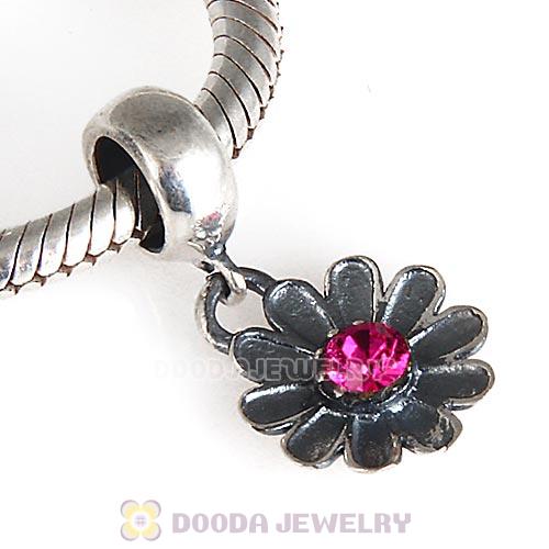 European Sterling Silver Gerbera Dangle Beads with Fuchsia Austrian Crystal