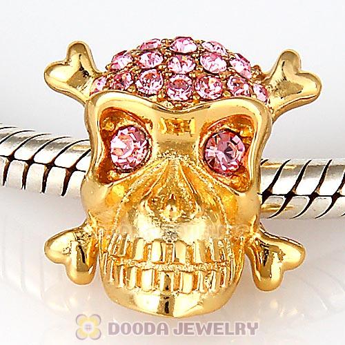 Sterling Silver Gold Plated Skull Beads with Light Rose Austrian Crystal