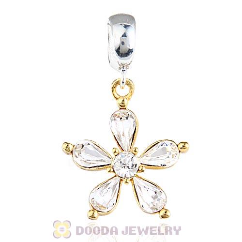 Sterling Silver Dangle Gold Plated Flower Beads with Clear Austrian Crystal
