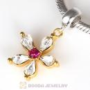 Sterling Silver Dangle Gold Plated Flower Beads with Fuchsia Clear Austrian Crystal