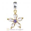 Sterling Silver Dangle Gold Plated Flower Beads with Tanzanite Clear Austrian Crystal