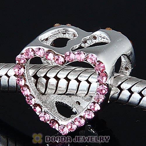 European Sterling Silver Heart Beads with Light Rose Austrian Crystal
