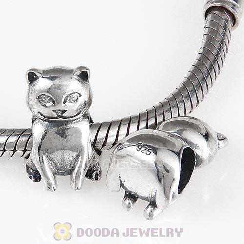 Antique Sterling Silver Cat Charm Beads European Style