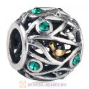 Sterling and Golden Birds of a Feather with Emerald Austrian Crystal Charm Beads