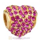 Gold Plated Sterling Pave Heart with Fuchsia Austrian Crystal Charm