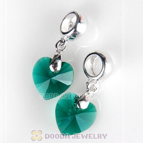 European Sterling Silver Dangle Emerald Heart Austrian Crystal Charm