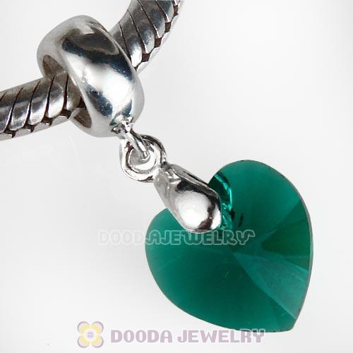European Sterling Silver Dangle Emerald Heart Austrian Crystal Charm