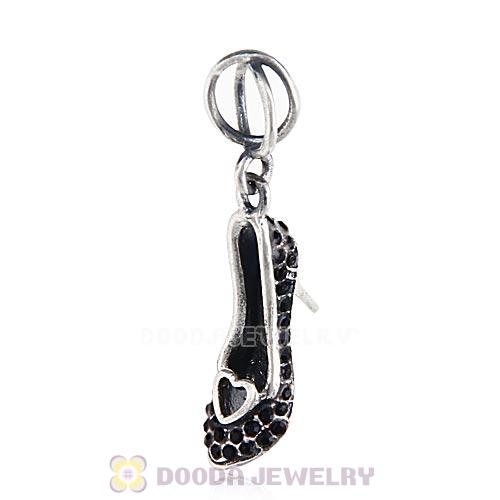 Sterling Silver Cinderella Slipper Dangle Beads with Jet Austrian Crystal