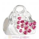 Sterling Silver Loves Shopping Bag Beads with Rose Austrian Crystal