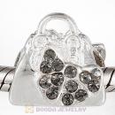 Sterling Silver Loves Shopping Bag Beads with Black Diamond Austrian Crystal