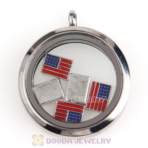 Platinum Plated Alloy Enamel American flag Floating Locket Charms Wholesale