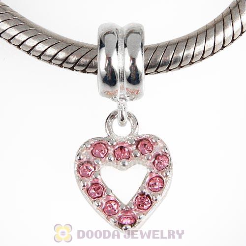 Sterling Silver Heart Dangle Charms with Light Rose Austrian Crystal