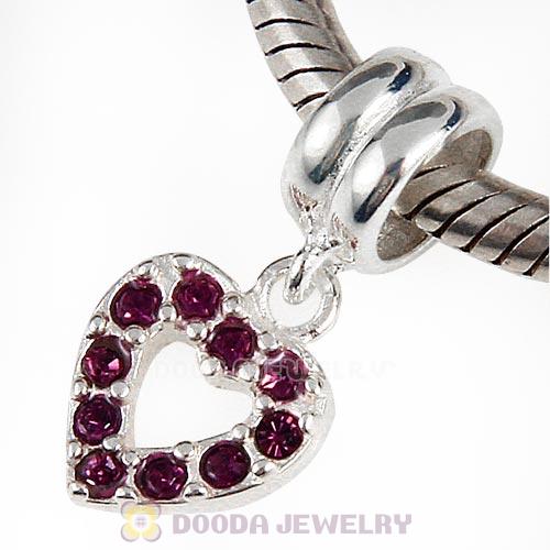 Sterling Silver Heart Dangle Charms with Amethyst Austrian Crystal