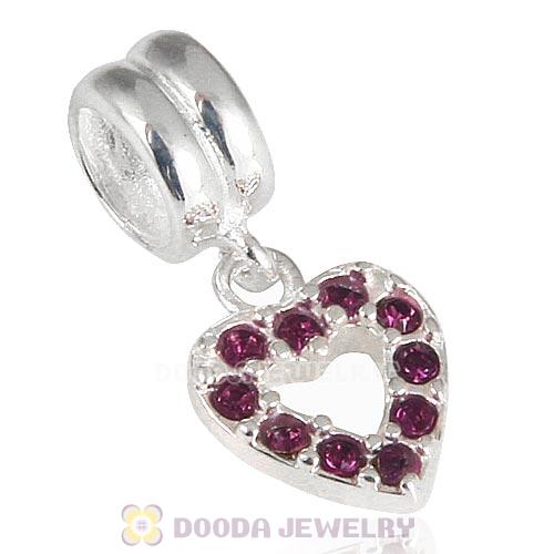 Sterling Silver Heart Dangle Charms with Amethyst Austrian Crystal